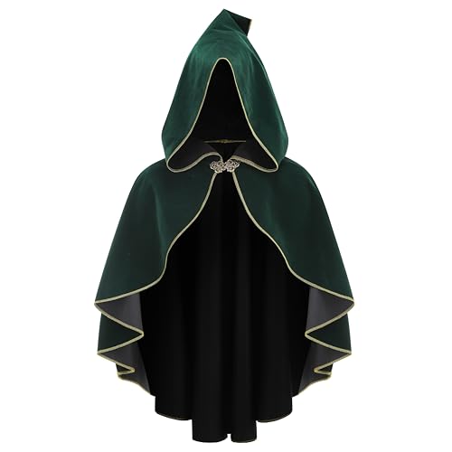 DELIVESS Renaissance-Umhang für Damen, mittelalterlicher kurzer Umhang mit Kapuze, goldfarbener Rand, viktorianischer Hobbit, Capelet, Halloween-Kostüm (55 cm, blau) von DELIVESS