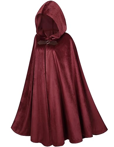 DELIVESS Renaissance-Umhang mit Kapuze, Hexen-Kapuzenumhang für Damen, mittelalterlicher Hobbit, Herren-Halloween-Kostüm (99,1 cm, Rot) von DELIVESS