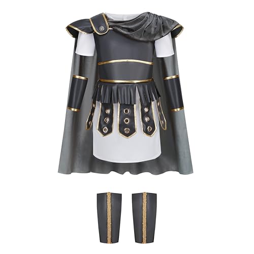 DELIVESS Römischer Krieger-Kostüm für Kinder, Halloween-Kostüm mit mehreren Accessoires und Umhang-Rollenspiel-Party (grau, 6–7 Jahre) von DELIVESS