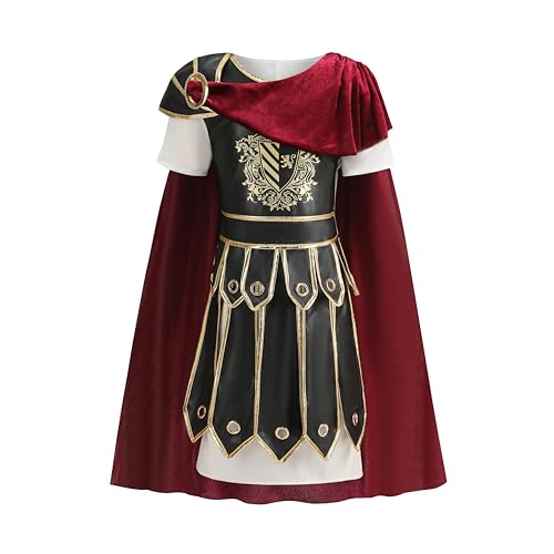 DELIVESS Römischer Krieger-Kostüm für Kinder, Halloween-Kostüm mit mehreren Accessoires und Umhang-Themen-Rollenspiel-Party (schwarz, 9–10 Jahre) von DELIVESS