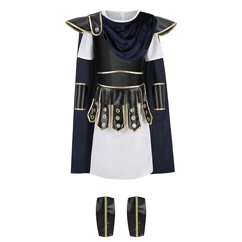 DELIVESS Römischer Krieger-Kostüm für Kinder, mit mehreren Zubehörteilen, Cosplay, Party, Halloween-Kostüm (Weiß-Blau, 9–10 Jahre) von DELIVESS