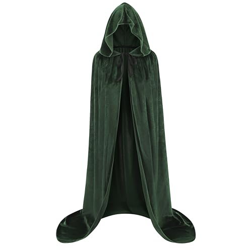 DELIVESS Samt-Umhang mit Kapuze, grüner Umhang mit Kapuze, für Herren, Halloween, Zauberer, Robe, Kostüm, Hexe, Erwachsene, Damen (130 cm/51, Grün) von DELIVESS
