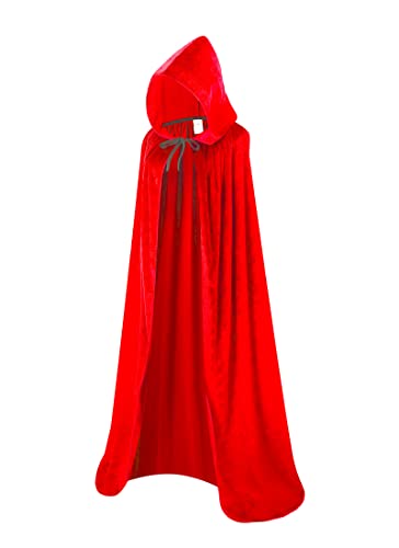 DELIVESS Samt-Umhang mit Kapuze, roter Umhang mit Kapuze, für Herren, Halloween, Zauberer, Robe, Kostüm, Hexe, Erwachsene, Damen (130 cm/51, Rot) von DELIVESS