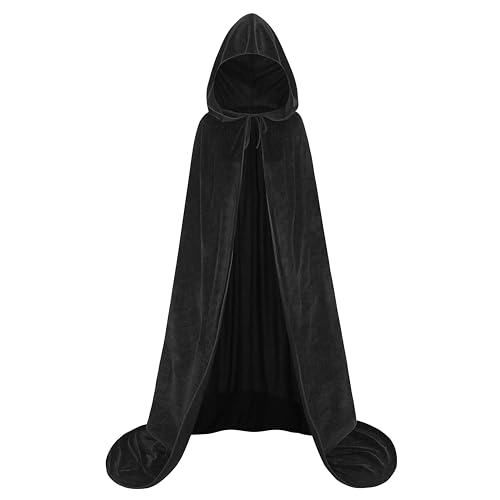 DELIVESS Samt-Umhang mit Kapuze, schwarzer Umhang mit Kapuze, für Herren, Halloween, Zauberer, Robe, Kostüm, Hexe, Erwachsene, Damen (150 cm/59, Schwarz) von DELIVESS