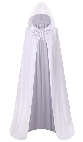 DELIVESS Samt-Umhang mit Kapuze, weißer Umhang mit Kapuze, für Herren, Halloween, Zauberer, Robe, Kostüm, Hexe, Erwachsene, Damen (150 cm/59, Weiß) von DELIVESS