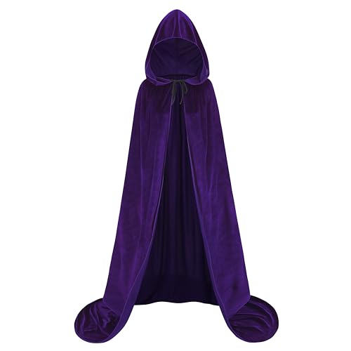 DELIVESS Samtumhang mit Kapuze, violett, für Herren, Halloween, Rabe, Cosplay, Hexe, Erwachsene, Damen (130 cm/51, Dunkelviolett) von DELIVESS