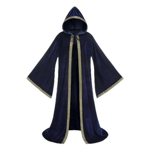 DELIVESS Unisex Samt Zauberer Robe Zauberer Umhang Cosplay Renaissance Kostüm Halloween (140 cm, Blau) von DELIVESS