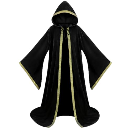 DELIVESS Unisex Samt Zauberer Robe Zauberer Umhang Cosplay Renaissance Kostüm Halloween (140 cm, Schwarz) von DELIVESS