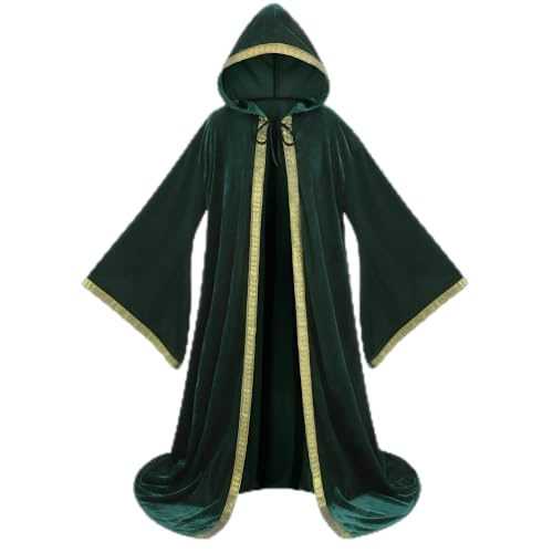 DELIVESS Unisex Samt Zauberer Robe Zauberer Umhang Cosplay Renaissance Kostüm Halloween (160 cm, Grün) von DELIVESS