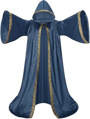 DELIVESS Unisex Samt Zauberer Robe Zauberer Umhang Cosplay Renaissance Kostüm Halloween (170 cm, Blau) von DELIVESS
