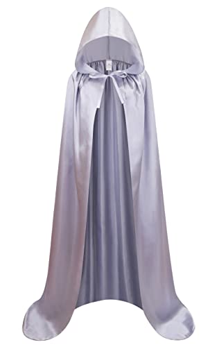 DELIVESS Unisex-Umhang mit Kapuze, einfarbig, volle Länge, Halloween, Weihnachten, Kostüm, Party, Umhang (150 cm, Silber) von DELIVESS