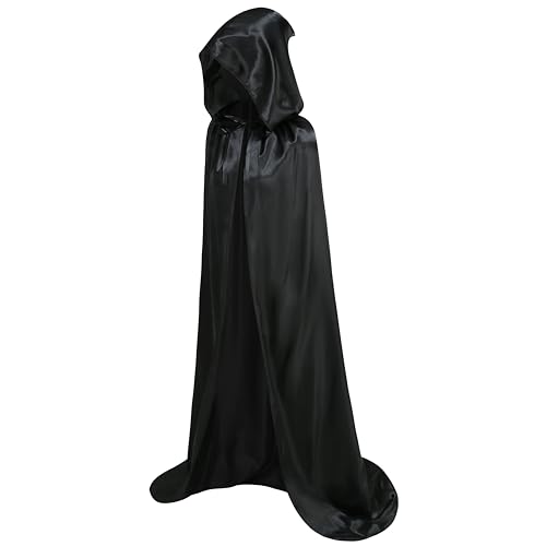 DELIVESS Unisex-Umhang mit Kapuze, einfarbig, volle Länge, Halloween, Weihnachten, Kostüm, Party, Umhang (150 cm, schwarz) von DELIVESS