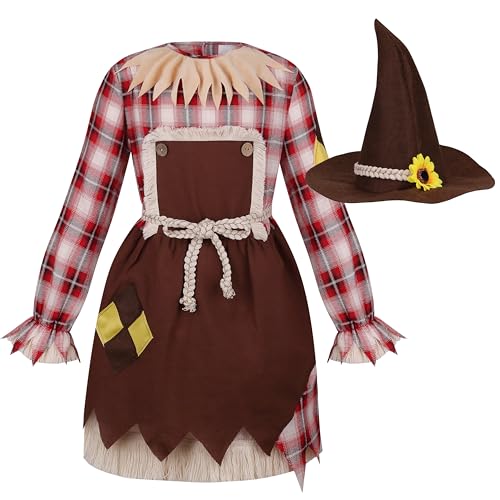 DELIVESS Vogelscheuche Kostüm für Mädchen Patch Design Vogelscheuche Outfit mit Stroh Halloween Cosplay (Blau, M) von DELIVESS