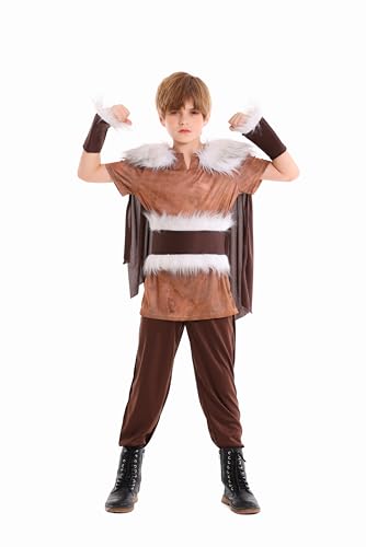 DELIVESS Wikinger-Krieger-Kostüm-Set für Jungen, Umhang, Oberteil, Hose, Gürtel und Handgelenkschoner für Halloween, Cosplay, Themenpartys (Braun, M) von DELIVESS