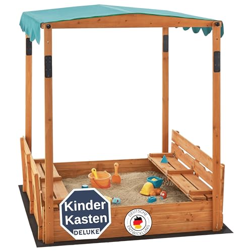 DELUKE® Sandkasten mit Dach BILA - 145x118x118cm Inkl. Bodenfolie, Klappbare Sitzbänke | Sandkiste mit Abdeckung Matschküche Spielkasten für Kinder von DELUKE