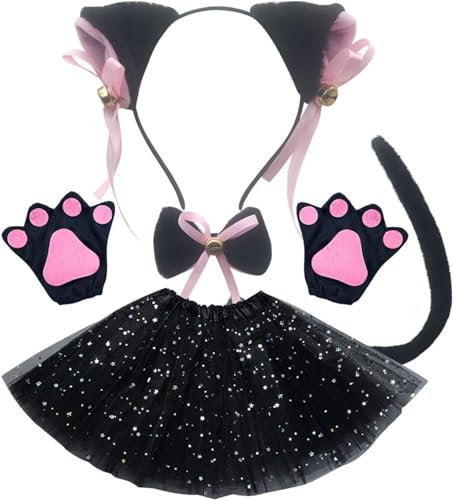 DELURA Süße Katze Cosplay Kostüm Set for Frauen Plüsch Ohr Stirnband Kragen Schwanz Handschuhe Halloween Party Requisiten Kleidung Plüsch E/1126 (Color : Black Cat Ears Three) von DELURA