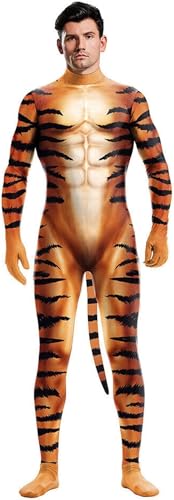 DELURA Tiger-Kostüm mit Schwanz, Tiger-Rollenspiel-Kostüm, Ganzkörper-3D-Tiermuskel-Jumpsuits, Zentai-Ganzanzug, Halloween-Party/399 (Color : Brown, Size : Medium) von DELURA