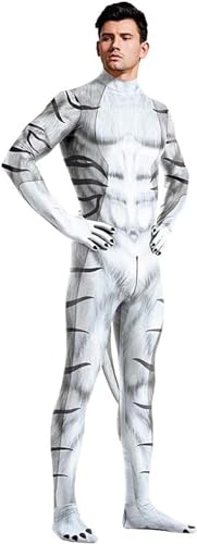 DELURA Tiger-Kostüm mit Schwanz, Tiger-Rollenspiel-Kostüm, Ganzkörper-3D-Tiermuskel-Jumpsuits, Zentai-Ganzanzug, Halloween-Party/399 (Color : White, Size : Large) von DELURA
