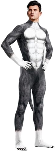 DELURA Wolfskostüm mit Schwanz, Werwolf-Rollenspielkostüm, Ganzkörper-Tiermuskel-Jumpsuits, Zentai-Ganzanzug, Party, Halloween/365 (Color : Black, Size : X-Large) von DELURA