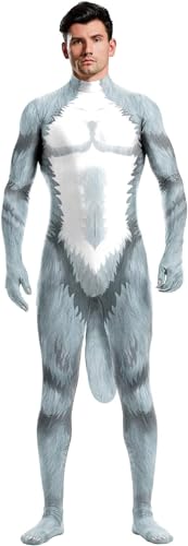 DELURA Wolfskostüm mit Schwanz, Werwolf-Rollenspielkostüm, Ganzkörper-Tiermuskel-Jumpsuits, Zentai-Ganzanzug, Party, Halloween/365 (Color : Grey, Size : Large) von DELURA