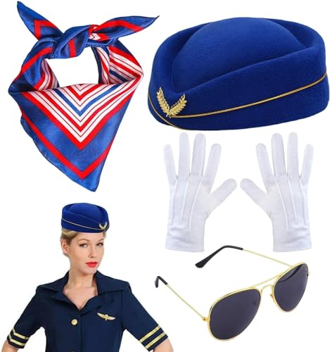 Flugbegleiterin-Kostüm, 4-teiliges Stewardess-Kostüm for Damen, Stewardess-Kostüm aus Wolle, Sonnenbrille, Schal, Handschuhe, Anstecknadel, Cosplay-Zubehör, Kostümzubehör for Halloween, Paar-Kostüm, C von DELURA