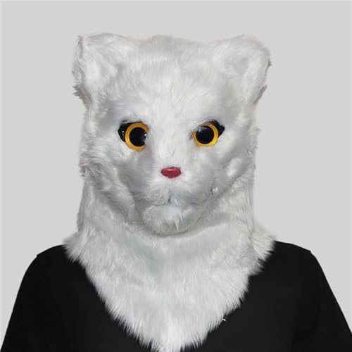 Katzenmaske mit beweglichem Mund, voller Kopf, pelzige Tiermasken, Mundbeweger, Katzenmaske mit beweglichem Kiefer, Kostüm for Halloween-Party, weiße Katzenmaske for Erwachsene, Männer und Frauen/315 von DELURA