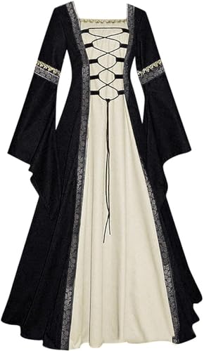 Mittelalterliches Renaissance-Kostümkleid for Damen, Vintage-Cosplay, viktorianisches Gothic-Korsettkleid, S-5XL/376 (Color : 001 Black, Size : 3X-Large) von DELURA