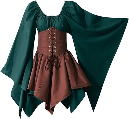 Mittelalterliches Renaissance-Kostümkleid for Damen, Vintage-Cosplay, viktorianisches Gothic-Korsettkleid, S-5XL/376 (Color : Green Khaki, Size : 3X-Large) von DELURA