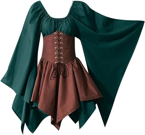 Mittelalterliches Renaissance-Kostümkleid for Damen, Vintage-Cosplay, viktorianisches Gothic-Korsettkleid, S-5XL/376 (Color : Green Khaki, Size : 5X-Large) von DELURA