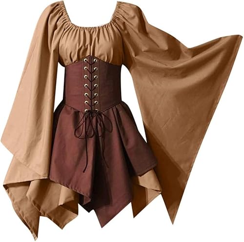 Mittelalterliches Renaissance-Kostümkleid for Damen, Vintage-Cosplay, viktorianisches Gothic-Korsettkleid, S-5XL/376 (Color : Khaki, Size : 3X-Large) von DELURA