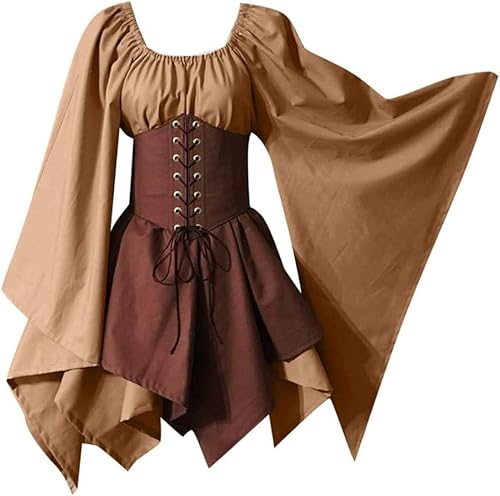 Mittelalterliches Renaissance-Kostümkleid for Damen, Vintage-Cosplay, viktorianisches Gothic-Korsettkleid, S-5XL/376 (Color : Khaki, Size : Small) von DELURA