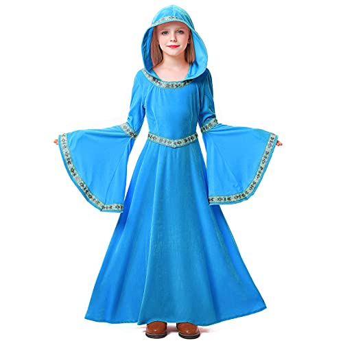 DENCTORAM Mittelalterliches Kleid für Mädchen, Renaissance-Cosplay-Kostüm, Hexenkleid, Kleid, mit Kapuze, Retro, Mittelalter von DENCTORAM