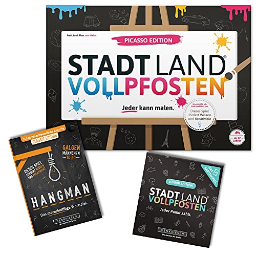 DENKRIESEN - Family-Pack 2 - Stadt Land VOLLPFOSTEN® Picasso Edition + Junior Kartenspiel + Hangman Classic Edition von DENKRIESEN