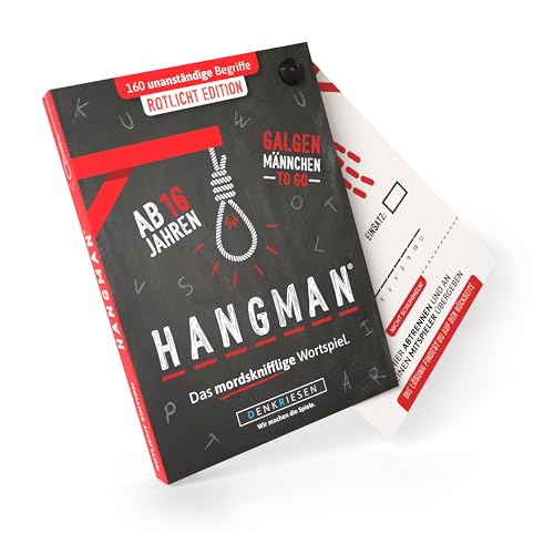 DENKRIESEN - HANGMAN - ROTLICHT EDITION - "Galgenmännchen TO GO" | Spielblock | Partyspiel | Geschenkidee | Reisespiel | Wortspiel | Rätselblock - Spiel ab 2 Personen von DENKRIESEN