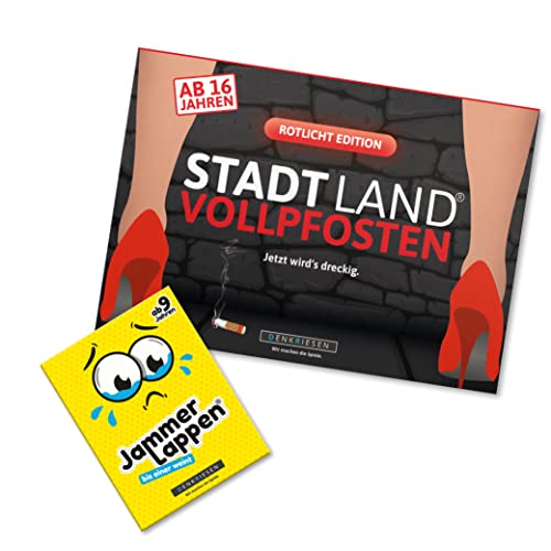 DENKRIESEN - Party Pack – JAMMERLAPPEN & Stadt-Land VOLLPFOSTEN Rotlicht Edition | Lustiges Kartenspiel & versauter Spielblock | Partyspiele ab 16 | Geschenkidee für Erwachsene & Spieleabende von DENKRIESEN