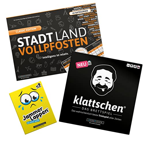 DENKRIESEN - Party Pack - klattschen® das Brettspiel, Jammerlappen und Stadt-Land VOLLPFOSTEN Classic Edition | Partyspiele | Brettspiel | Kartenspiel | Spielblock von DENKRIESEN