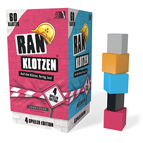 DENKRIESEN - RANKLOTZEN - „Auf die Klötze, fertig, los!“ | Ab 2 Spieler | Familienspiel | Geschenkidee | 4 Spieler Edition | Schnelligkeit, Geschick und verrückte Aufgaben | Spaß für die ganze Familie von DENKRIESEN