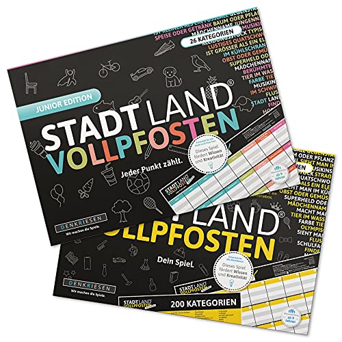 DENKRIESEN - Stadt Land VOLLPFOSTEN® - A4-Doppelpack - KREATIVE Stadt Land FLUSS Varianten FÜR KLEIN UND Gross im handlichen DIN-A4 Format - Kinderspiel - Familienspiel - Geschenkidee von DENKRIESEN