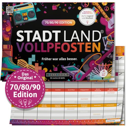 DENKRIESEN - Stadt Land VOLLPFOSTEN® - 70/80/90 Edition - Früher war Alles Besser. | Spielblock | Familienspiel | Stadt Land Fluss | DIN A4 | Geschenkidee | Spaß vorprogrammiert von DENKRIESEN