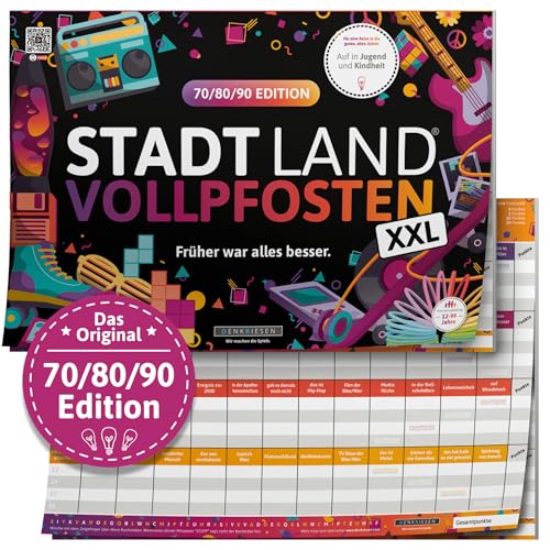 DENKRIESEN - Stadt Land VOLLPFOSTEN® - 70/80/90 Edition - Früher war Alles Besser. - XXL | Spielblock Geburtstagsgeschenk | Familienspiel | Stadt Land Fluss | DIN A3 von DENKRIESEN