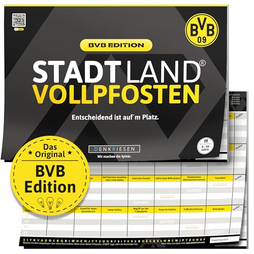 DENKRIESEN - Stadt Land VOLLPFOSTEN® - BVB Edition - 'Entscheidend ist auf'm Platz.' - DIN A4 Spielblock | ab 9 Jahren | 50 Blatt | BVB-Fanartikel | Borussia Dortmund | Fußballfans | Quiz von DENKRIESEN