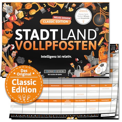 DENKRIESEN - Stadt Land VOLLPFOSTEN® Classic Edition - 'Intelligenz ist relativ' - A4 | Partyspiel | Familienspiel | Stadt Land Fluss | Spielblock | Geschenkidee von DENKRIESEN