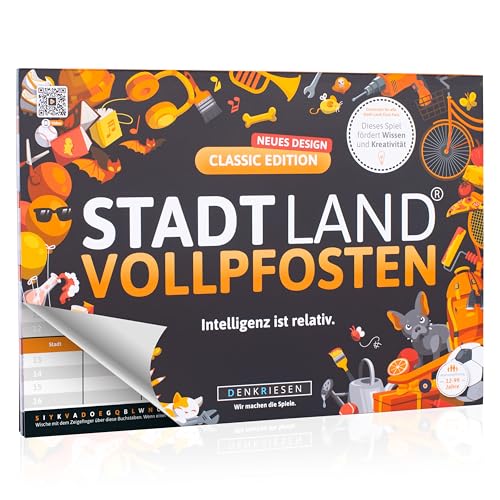DENKRIESEN Stadt Land VOLLPFOSTEN® - Classic Edition | Wortspiel für 2-50 Spieler | Familienspiel ab 12 Jahren | Stadt Land Fluss | Gesellschaftsspiel & lustiges Partyspiel im DIN A4 Format von DENKRIESEN
