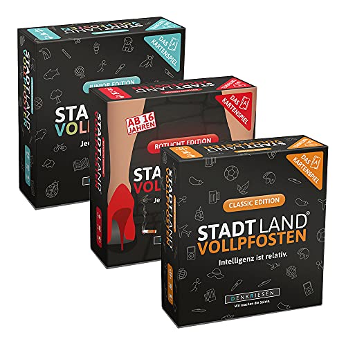 DENKRIESEN - Stadt Land VOLLPFOSTEN® - Das Trio der Kartenspiele - JUNIOR - Classic – ROTLICHT | Innovative Spielesammlung | Familienspiele | Partyspiele | Geschenkidee von DENKRIESEN