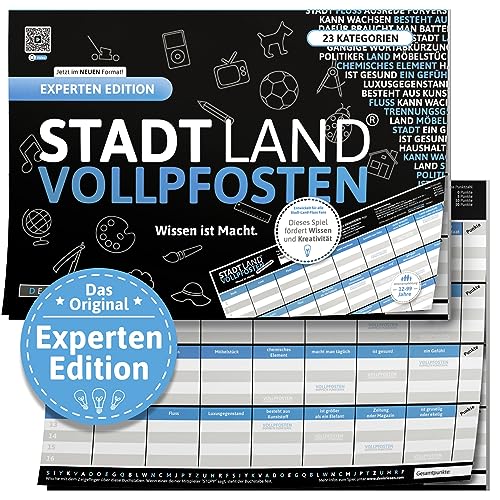 DENKRIESEN - Stadt Land VOLLPFOSTEN® Experten Edition - 'Wissen ist Macht.' - A4 | Partyspiel | Familienspiel | Stadt Land Fluss | Spielblock | Geschenkidee von DENKRIESEN