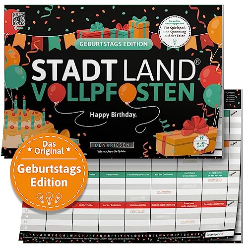 DENKRIESEN - Stadt Land VOLLPFOSTEN® - Geburtstag Edition - 'Happy Birthday.' - DIN A4 Spielblock | ab 9 Jahren | 50 Blatt | Geschenkidee | Partyspiel | Familie | Spaß vorprogrammiert von DENKRIESEN