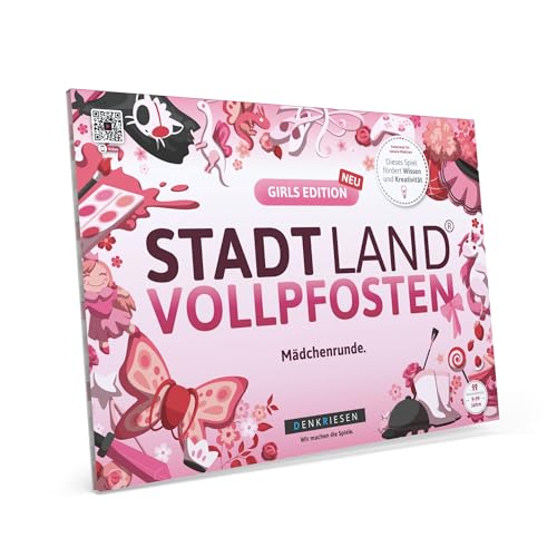 DENKRIESEN - Stadt Land VOLLPFOSTEN® - Girls Edition | Spielblock | Familienspiel | 23 Kategorien | Ideal für Mädchen | Spaß für die ganze Familie | Perfekt für einen lustigen Abend oder als Geschenk von DENKRIESEN