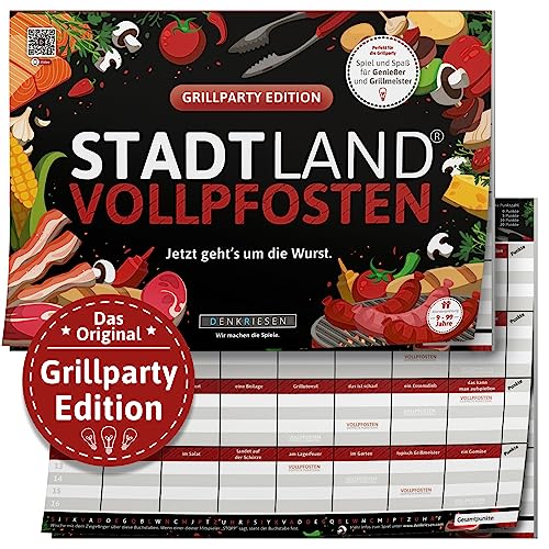 DENKRIESEN - Stadt Land VOLLPFOSTEN® - Grillparty Edition - 'Jetzt geht's um die Wurst.' - DIN A4 Spielblock | ab 9 Jahren | 50 Blatt | Partyspiel | Sommer | Spaß von DENKRIESEN
