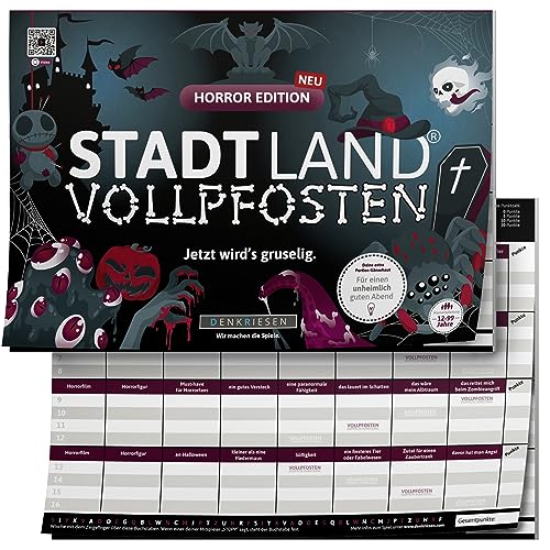 DENKRIESEN - Stadt Land VOLLPFOSTEN® - Horror Edition - 'Jetzt wird's gruselig.' - DIN A4 Spielblock | ab 12 Jahren | 50 Blatt | Halloween | Partyspiel | Spaß | Spaß vorprogrammiert von DENKRIESEN