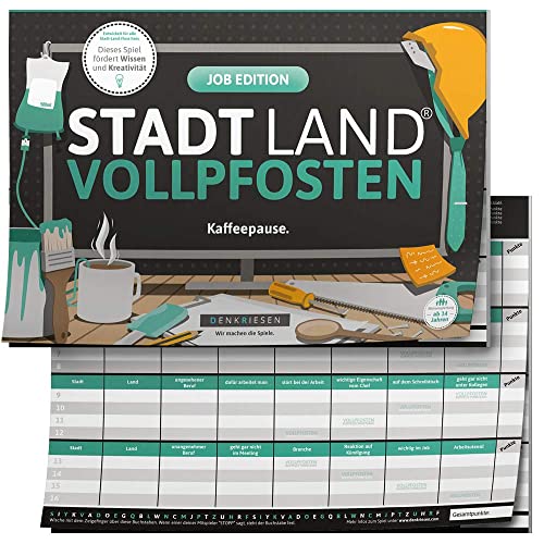 DENKRIESEN - Stadt Land VOLLPFOSTEN® - Job Edition 'Kaffeepause Kollegen' | Spielblock | Stadt Land Fluss | 26 Kategorien | Lustiges Spiel für Freunde und Familie von DENKRIESEN